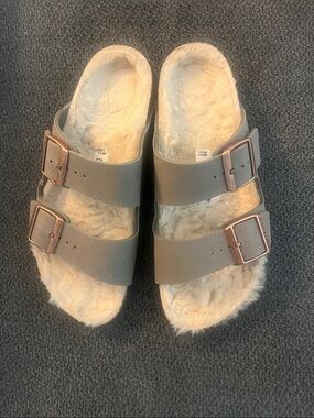 Women’s Faux-Fur Lined Double-Strap Slide Sandals - Tan Sz 38